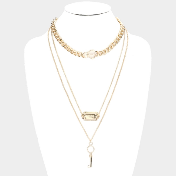 Gold Buckle Pendant Link Necklace Chain Triple Layered 3 Piece Statement Jewelry - Picture 1 of 4